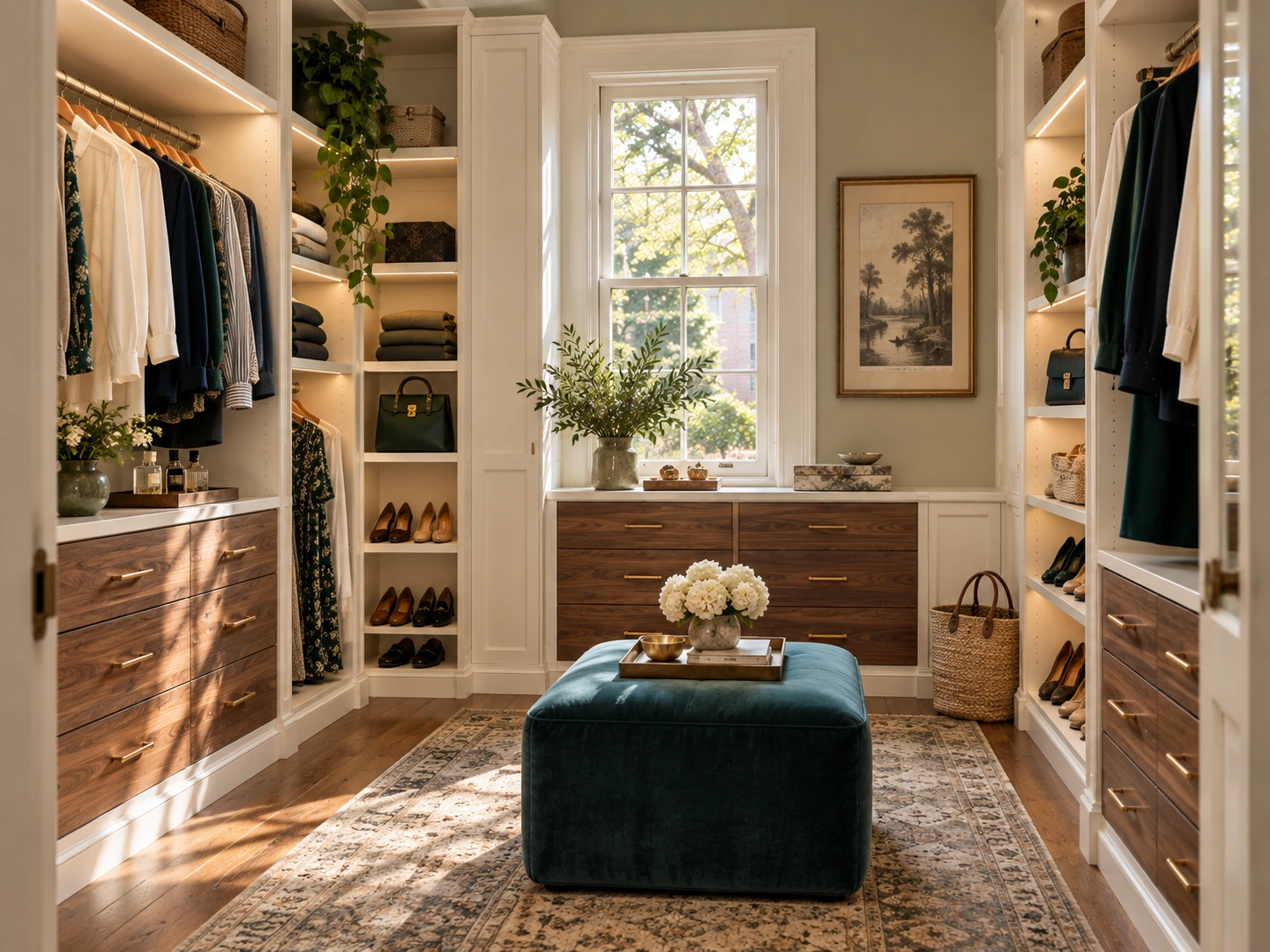 Editorial closet concept with well-lit white shelving, walnut drawers, a teal ottoman and neatly arranged clothing