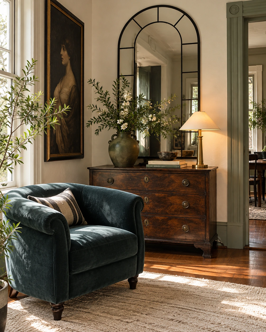 Editorial styling concept with a teal armchair, antique chest and arched mirror