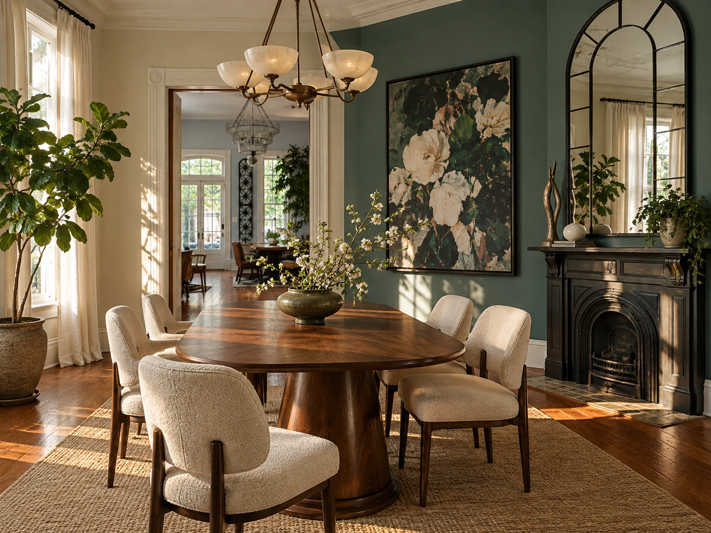 Editorial dining room concept with warm wood, cream chairs, green walls and sculptural lighting