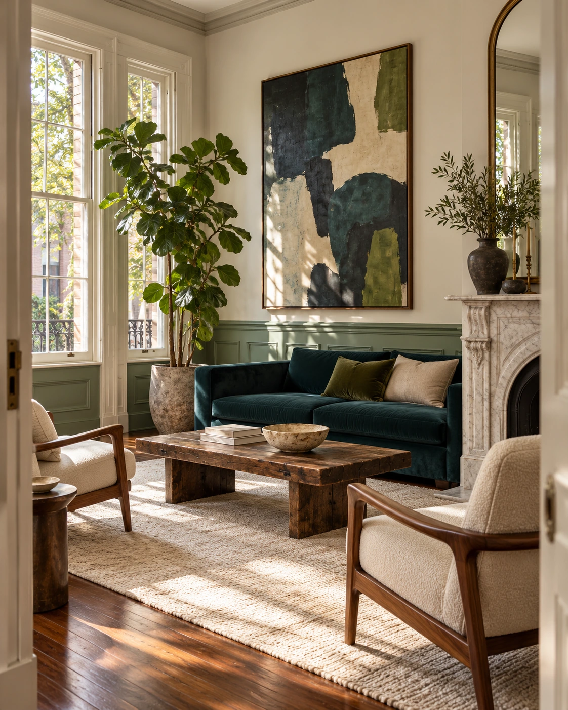 Editorial living room concept with a teal sofa, sage paneling, warm wood and large abstract art