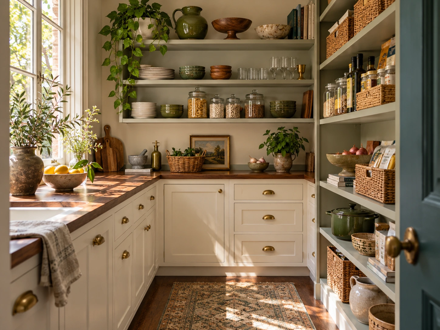 Editorial pantry concept with organized sage shelves, woven baskets, glass jars and green ceramics